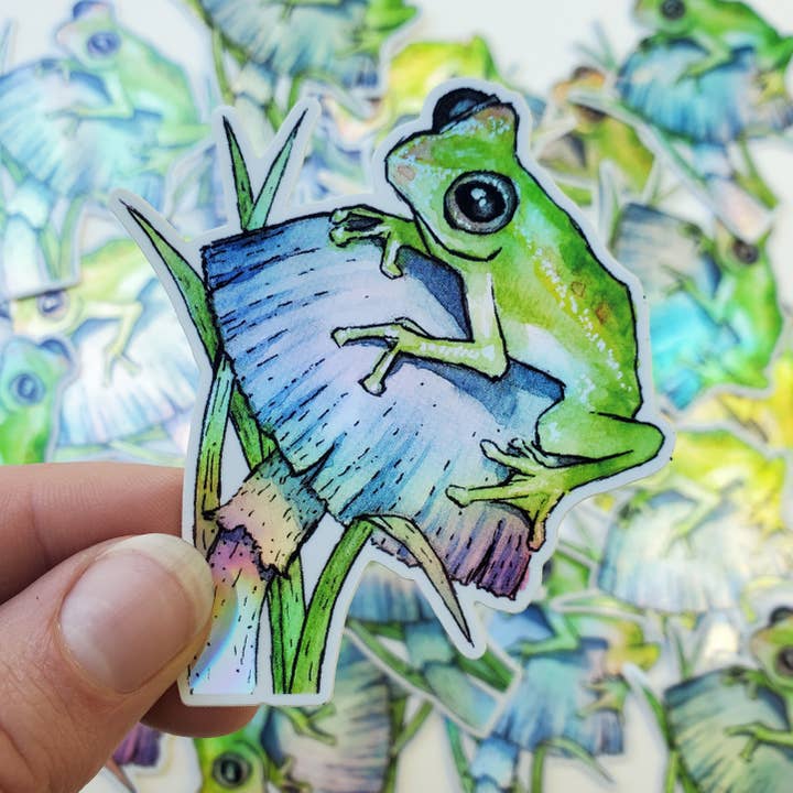 Art by Trisha Hall - Wholesale Sticker - "Hopscotch" Frog & Mushroom Holographic Sticker1