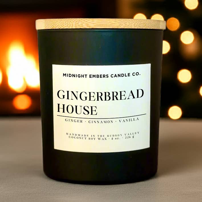 8 oz. | Gingerbread House | Hand Poured | Coconut Soy Candle for wholesale by Midnight Embers Candle Co.