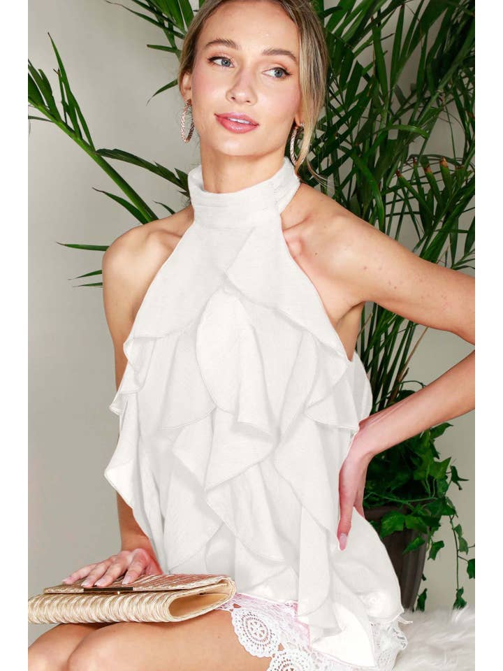 Vine & Love - Wholesale Blouse - Women's - Halter Neck Sleeveless Ruffle Detail Blouse Top VT81971