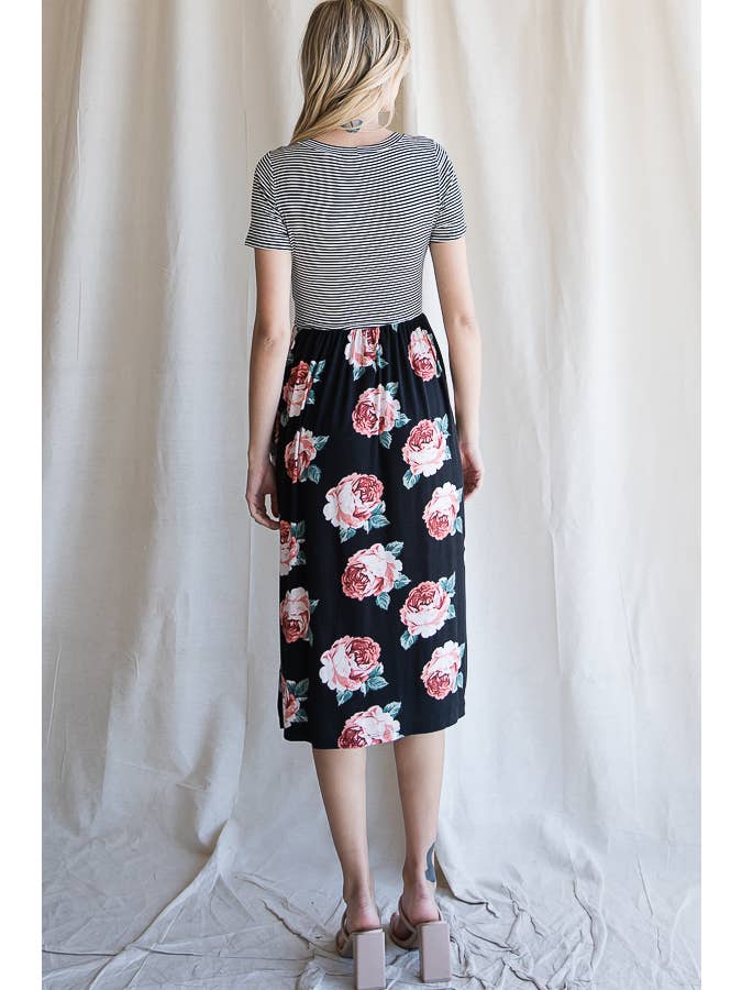 7th Ray - Wholesale Dress - Women's - Floral Waist Tie Short Sleeve A-Line Midi Dress D419919