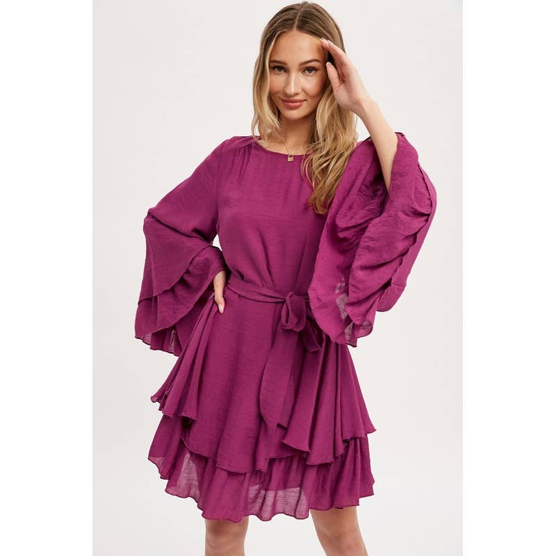 Pink Irene Wholesale - Wholesale Dress - Women's - LONG BELL SEEVE SELF TIE RUFFLE HEM SOLID DRESS1