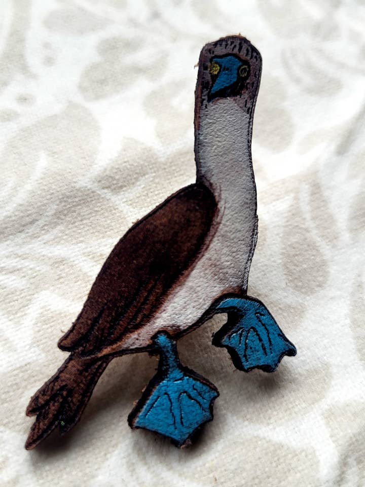 Blue Footed Booby Leather Pin - Nature Zoo Bird Art for wholesale by Wyrd & Witchy Art
