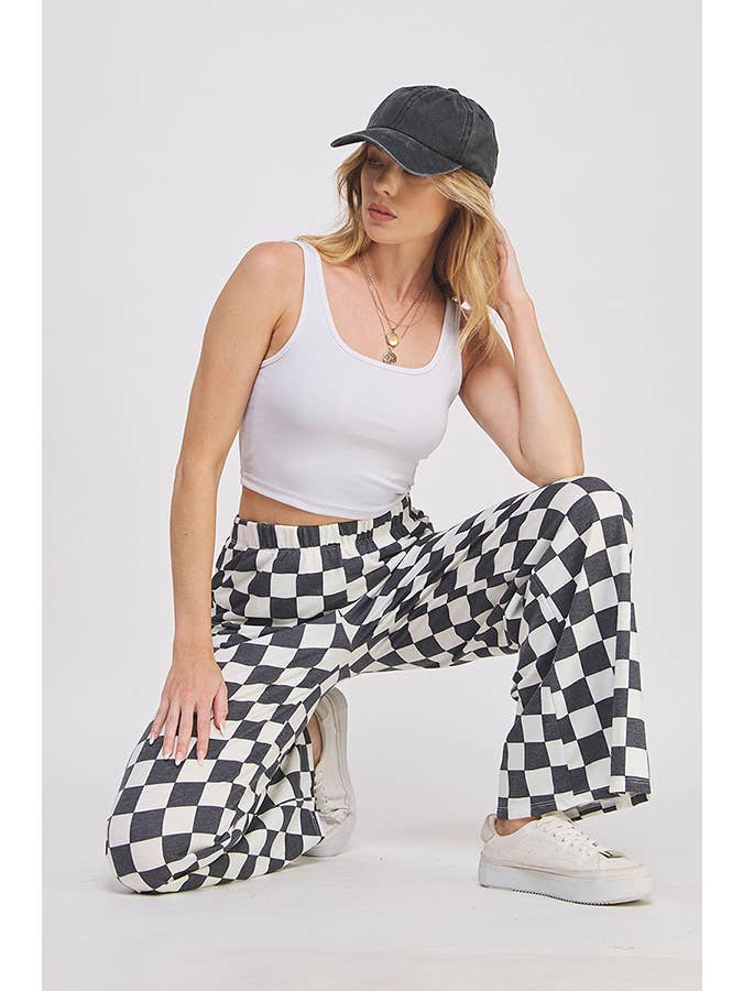 JADE BY JANE - Wholesale Pants - Women's - HIGH WAIST CHECKERED STRAIGHT LEG KNIT PANTS