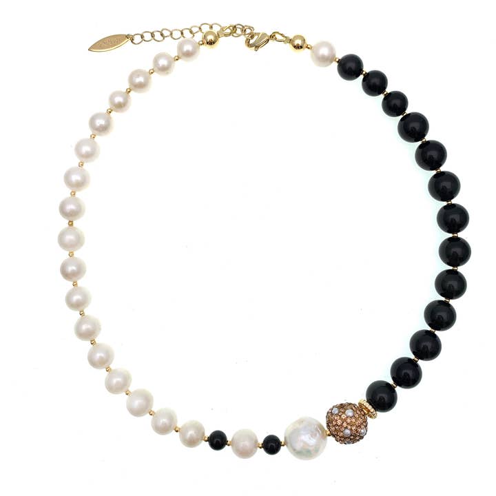 Collana a blocco in ossidiana con perle d'acqua dolce FN028 per la vendita all'ingrosso da parte di FARRA