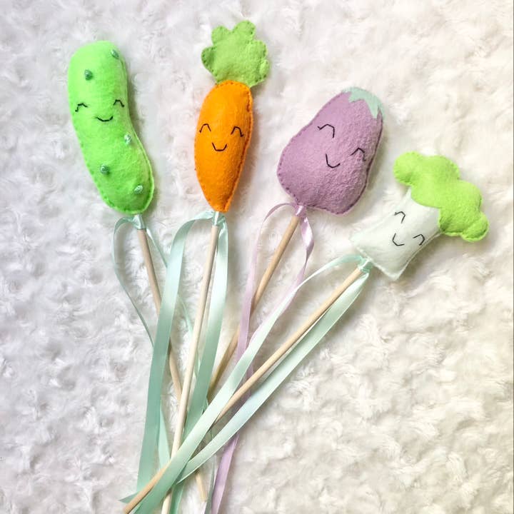 Vegetable Magic Wands- Carrot, Eggplant, Broccoli, Pickle for wholesale by Charley & Ruth Designs