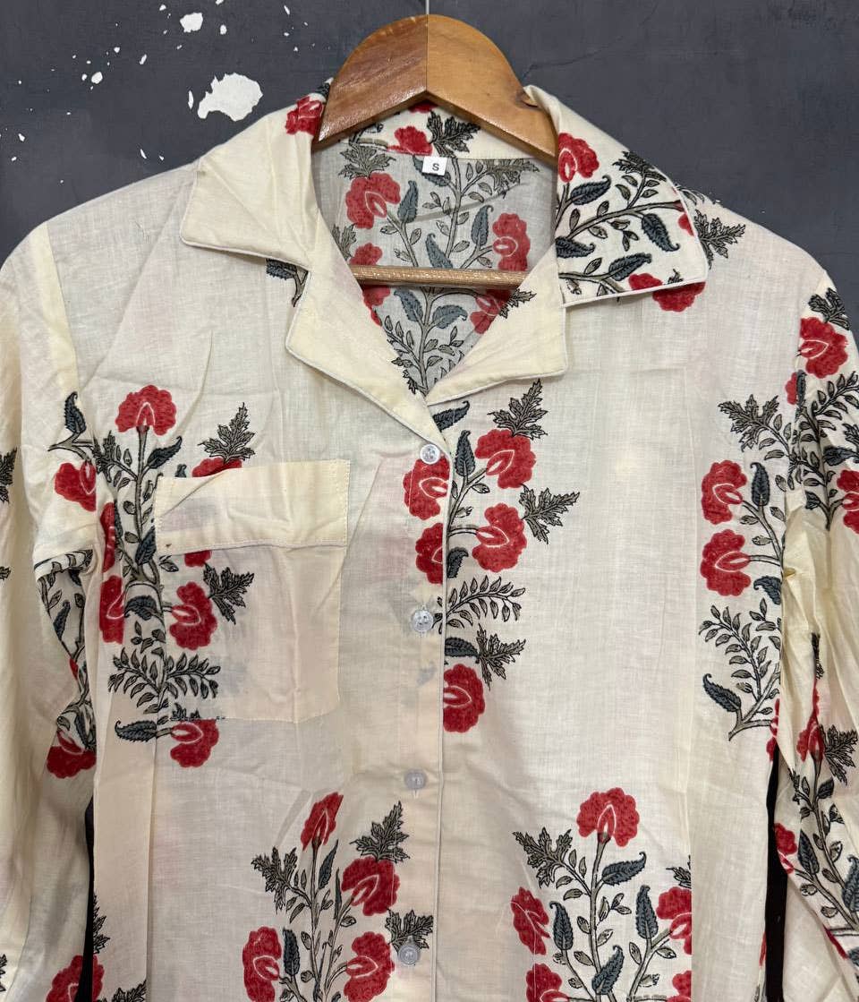 GYPSY STUDIO – wholesale Pyjamasset - Dam – Vit färgblocktryck dam bomullsklänning nattkläder pyjamas set1