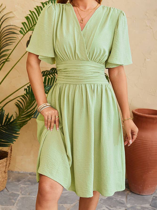 Comely Fashion - Wholesale Dress - Women's - Frilled V-Neck Flare Sleeves Summer Flowy Dress