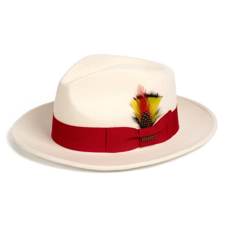 Crushable White/Red 100% Australian Wool Fedora Hat for wholesale by Ferrecci