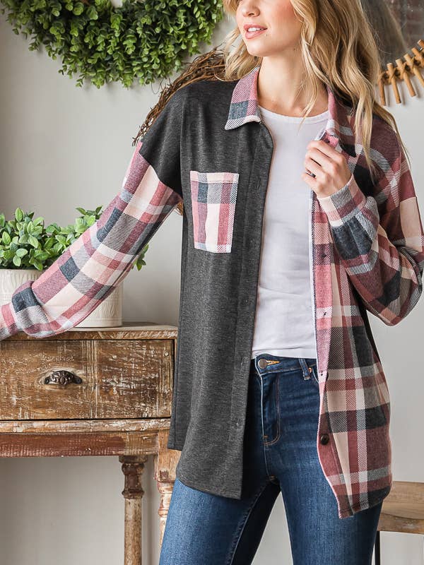 BASIC COLLAR SOLID AND PLAID SHACKET for wholesale by Pink Irene Wholesale