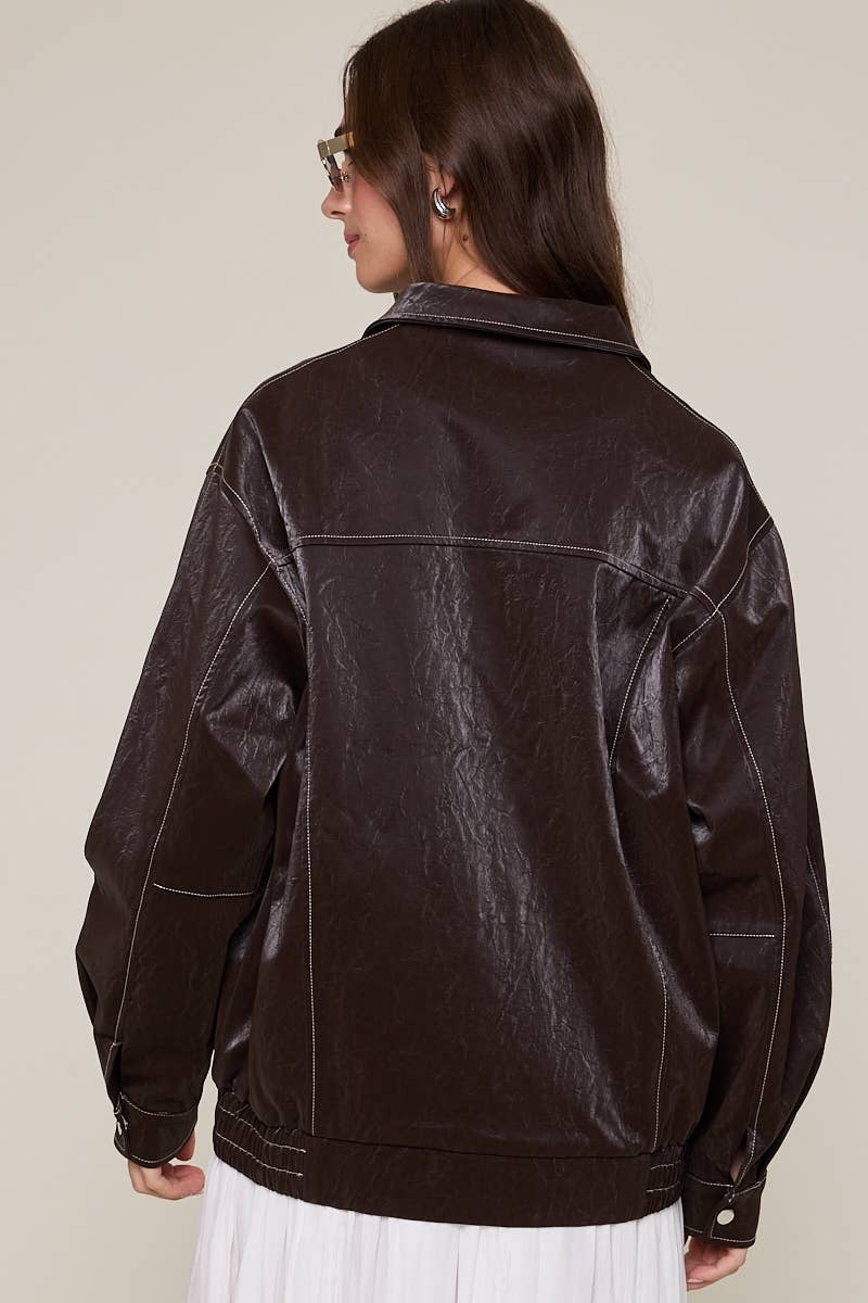 Sky to Moon - Vente Veste en cuir – femme - VESTE OVERSIZE À COL EN SIMILICUIR AVEC DÉTAILS POINTUS7