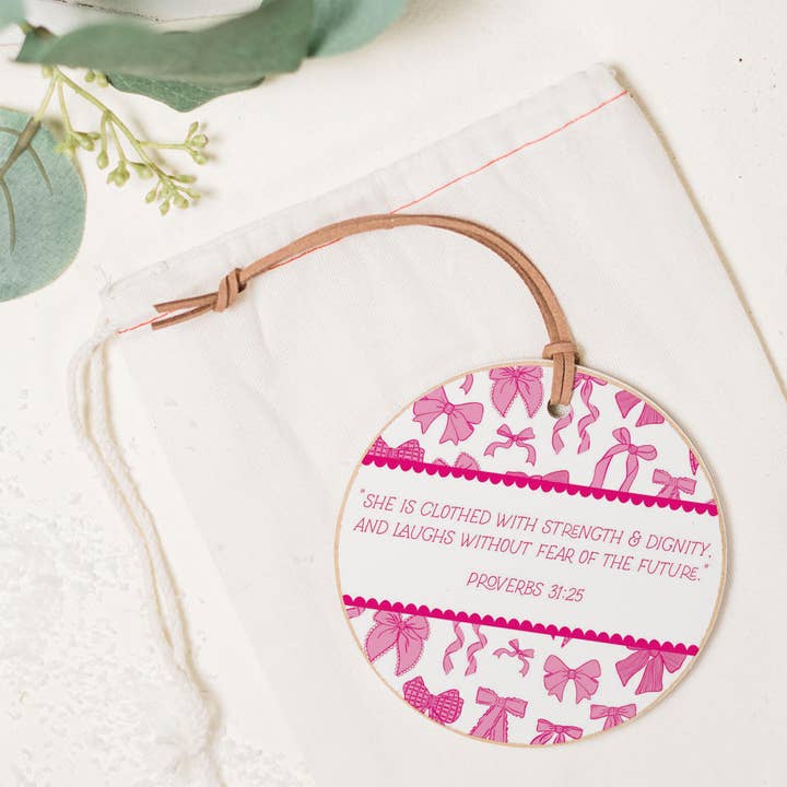 Clairmont & Co - Wholesale Ornament - Pink Bows She Is Clothed Round Ornament, Bow Ornaments