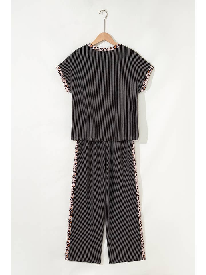 Gray Leopard Patchwork Edge Corded T Shirt and Pants Set for wholesale on Faire3