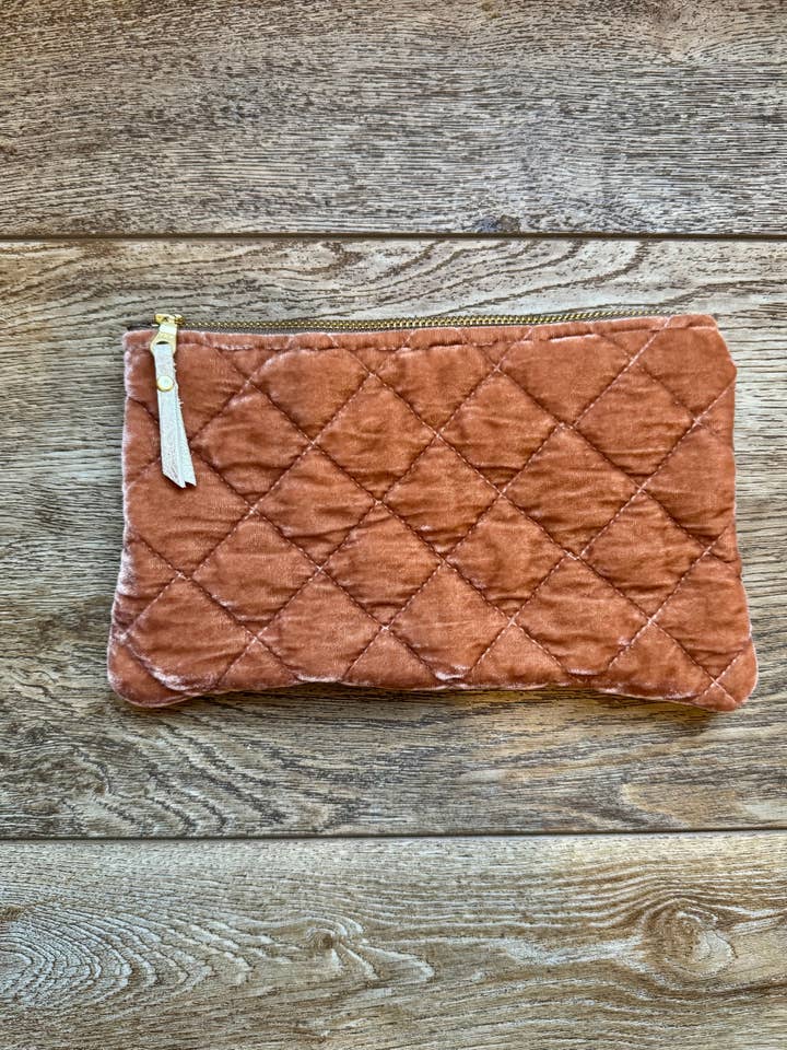 Peach Pink Silk Velvet Zipper Pouch for wholesale by Anjali Goods