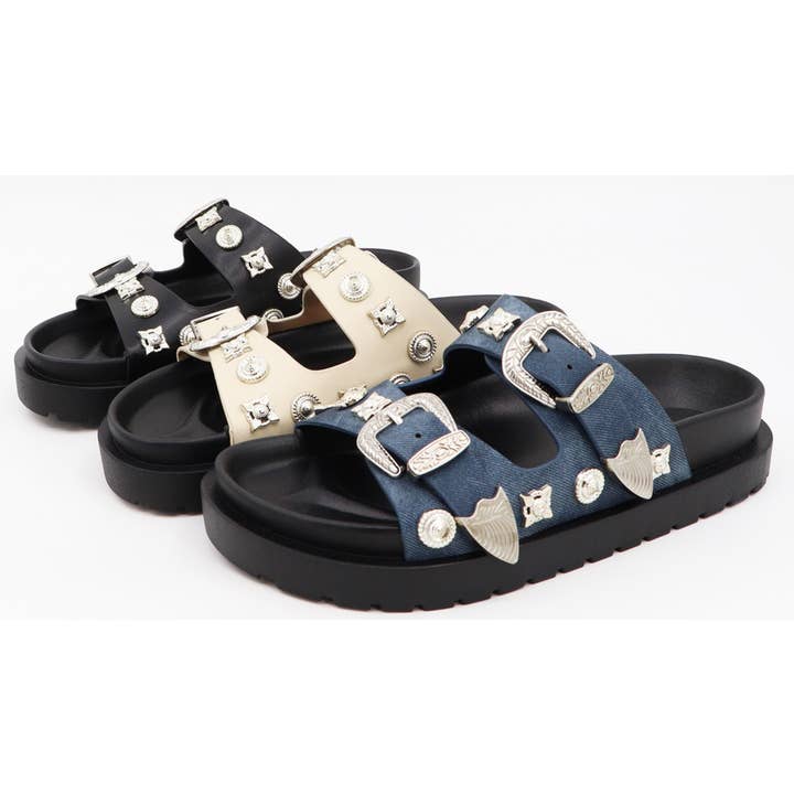 Mars Sky Shoes Wholesale - Wholesale Sandals - Women's - Bamboo Women Metal Studded Double Buckle Strap Slide Sandals