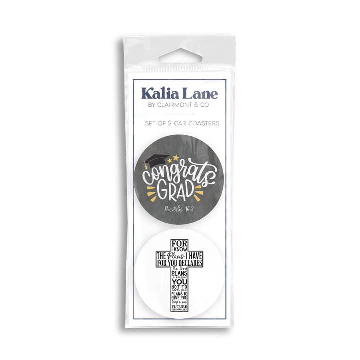 Graduation Car Coasters, Congrats Grad & For I Know The Plan for wholesale by Clairmont & Co