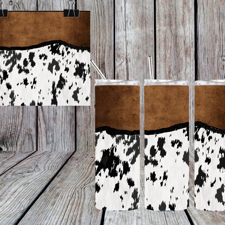 GOBELET EN CUIR À IMPRIMÉ VACHE
pour la vente par Bull Riders Mama & Co. Tumblers