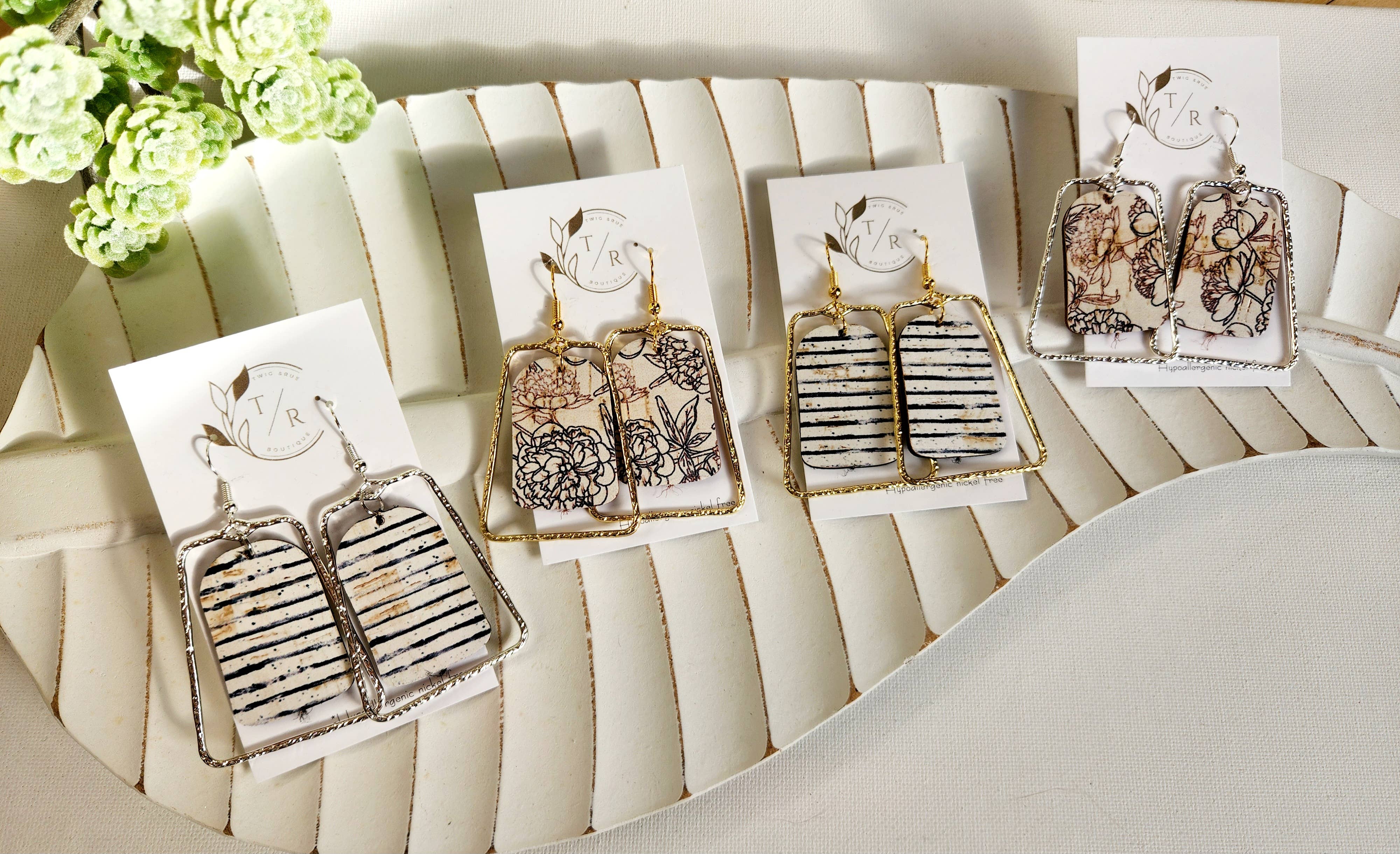 Twig & Rue boutique - Wholesale Dangle Earrings - Chloe|  Black & White collection, leather and gold statement4