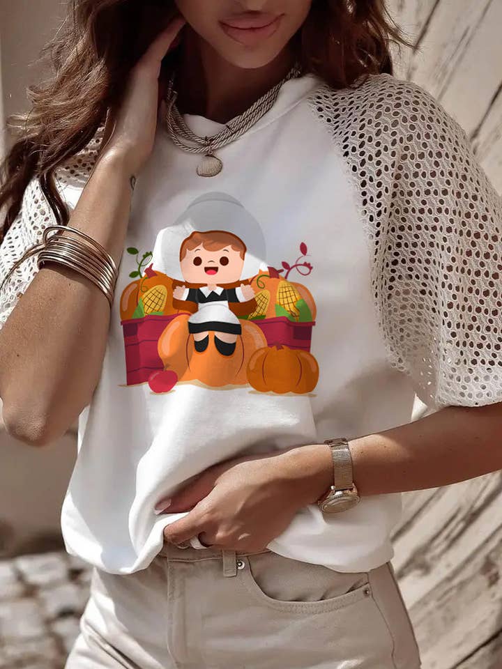 Thanksgiving Pilgrim Girl Pumpkin Harvest Lace Sleeve Tee for wholesale by Suhkasana