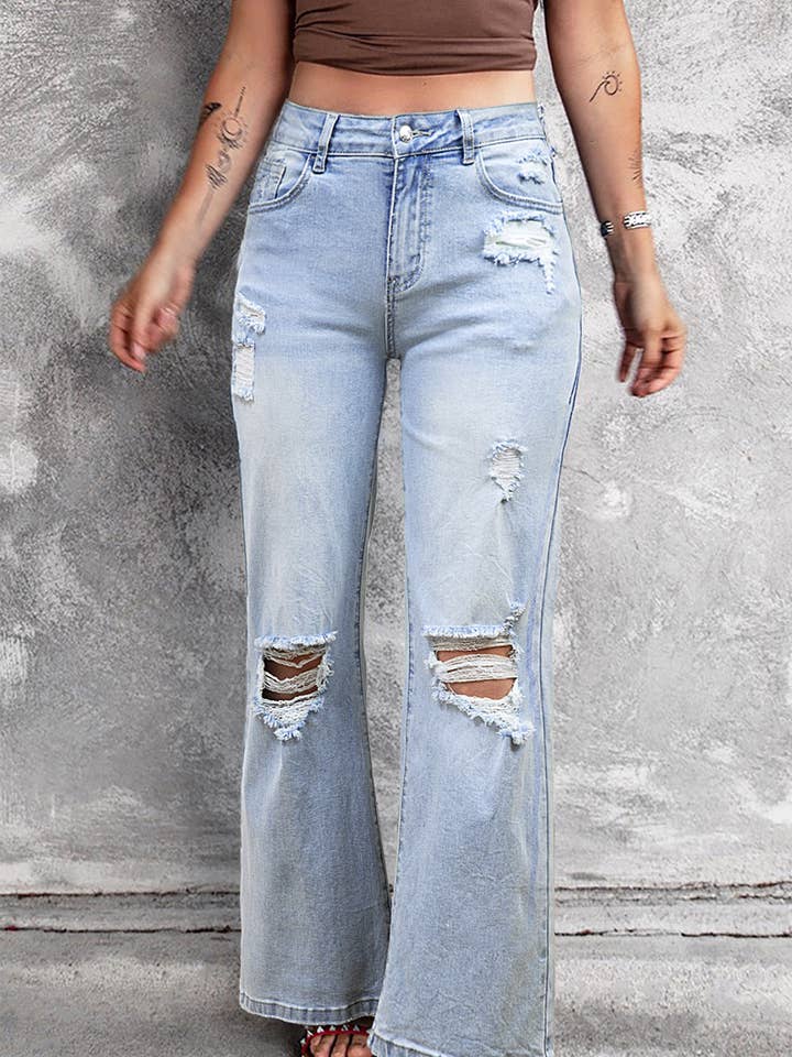 Blue Vintage Light Wash Distressed Flare Jeans for wholesale on Faire