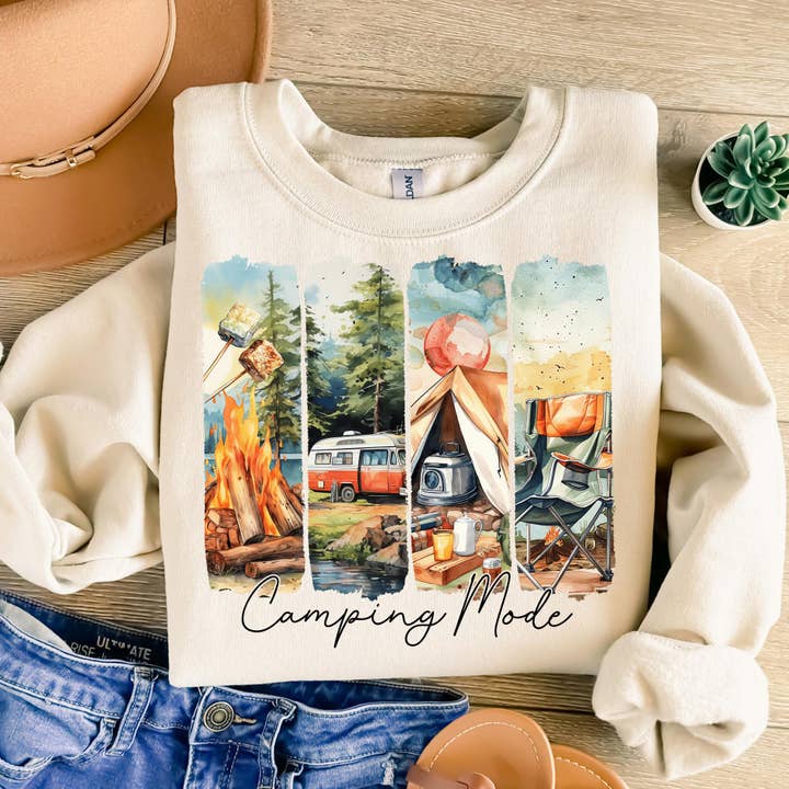 NVC Ecommerce LLC - Wholesale Graphic Sweatshirt - Women's - Camping Mode Shirt, Retro Summer Unisex Sweatshirt4