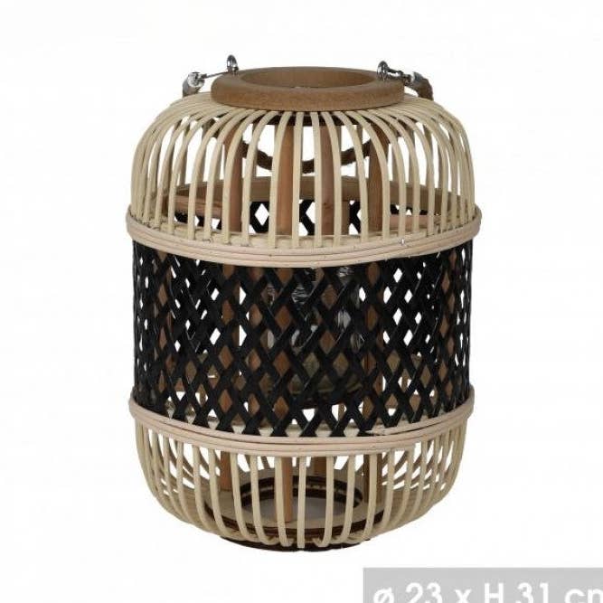 Linterna Yoko de bambú y metal negro - para colocar en decoración natural de mimbre ratán interior y exterior para venta al por mayor de Boutique Huléti