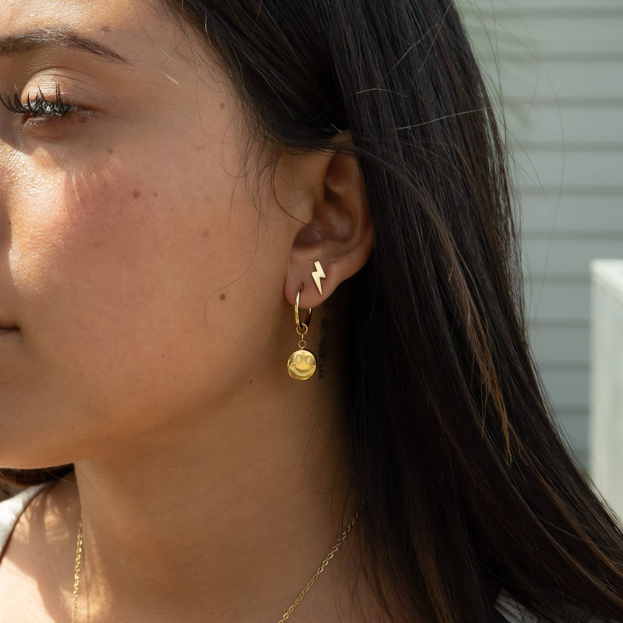 WJW - Wholesale Huggie Earrings - 18K Gold Stainless Steel Smiley Face Huggie Charm Earrings11