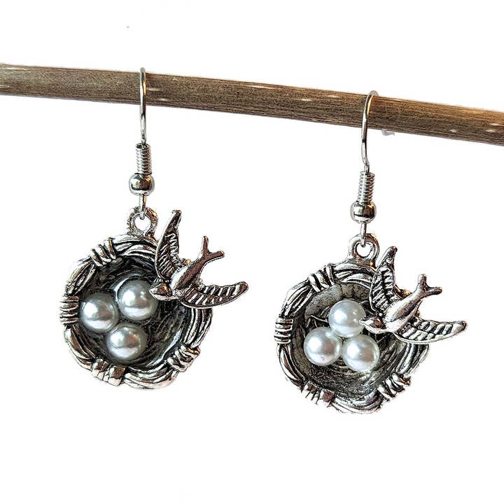 Antique Silver Sparrow Bird Nest and Bird Eggs Earrings for wholesale by Stylish Jewelry Supply