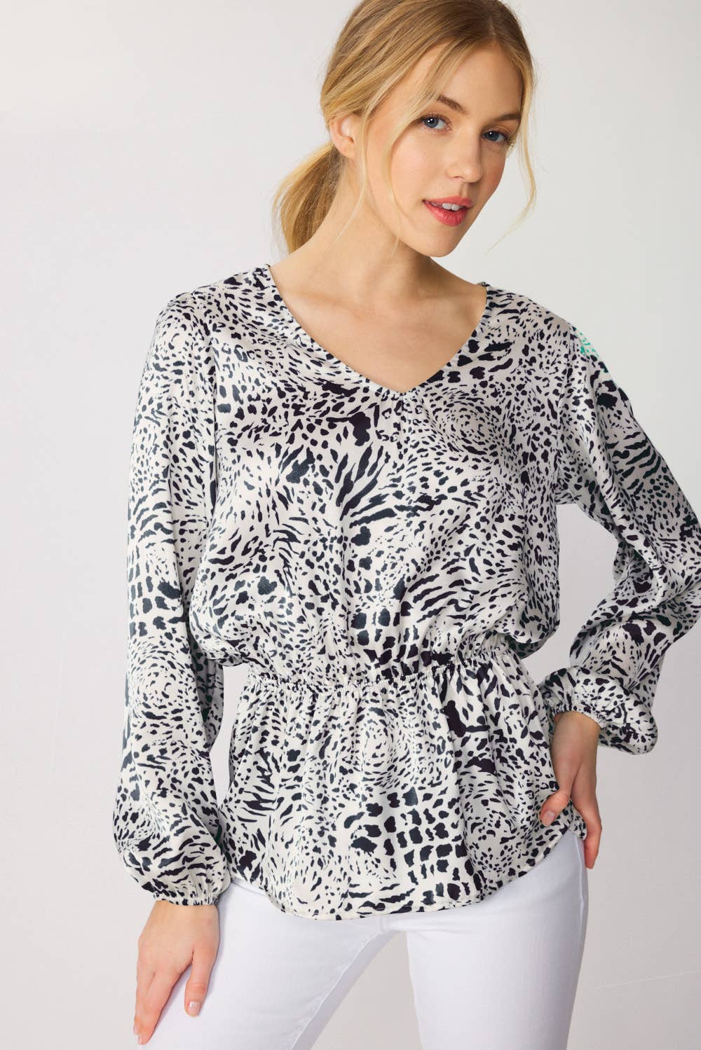 FSL Apparel – wholesale Blouse – Women’s – ST3755 - ANIMAL PRINT SATIN V NECK PEPLUM TOP7
