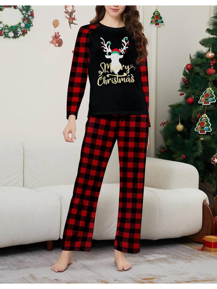 Anna Kaci Wholesale - Wholesale Sleepwear Set - Unisex - Family Christmas Pajama Set with Black Tops Red Plaid Pants18