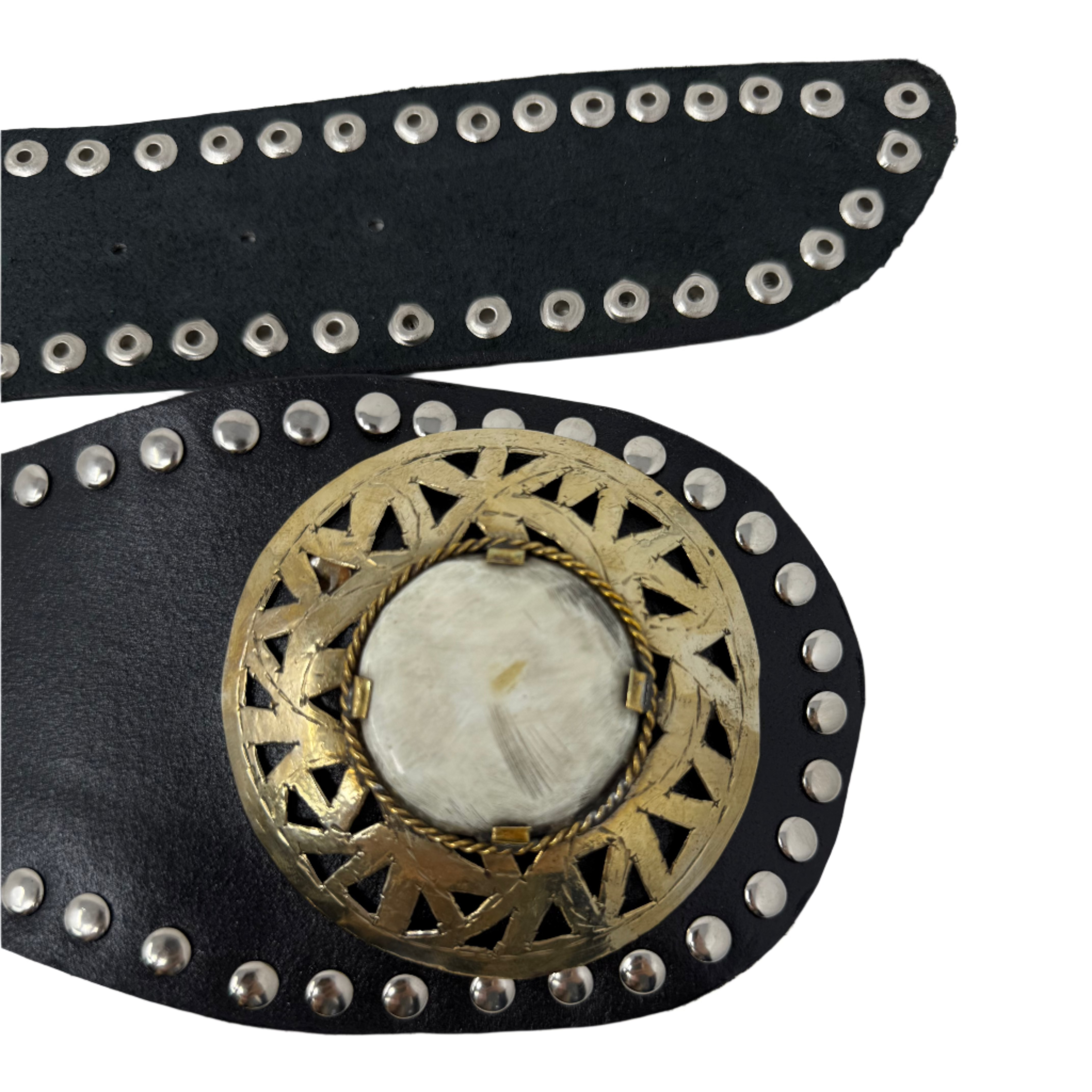 Artisan Stories - Venta al por mayor Cinturón - Mujer - Cinturón Negro Boho de Cuero Tachonado – Cuero de Grano Completo con Hebilla de Cuerno y Metal1