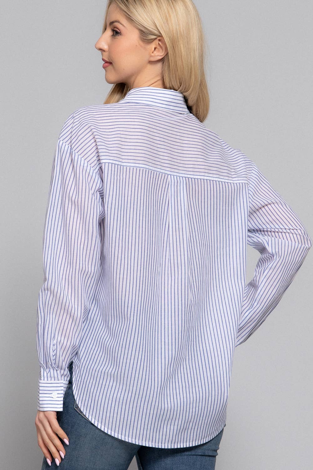 Active Basic | Active USA - Wholesale Button Down Shirt - Women's - Long Sleeve Y/D Stripe Voile Shirt6