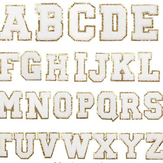 White Chenille Iron On Gold Glitter Letter Patches for wholesale on Faire