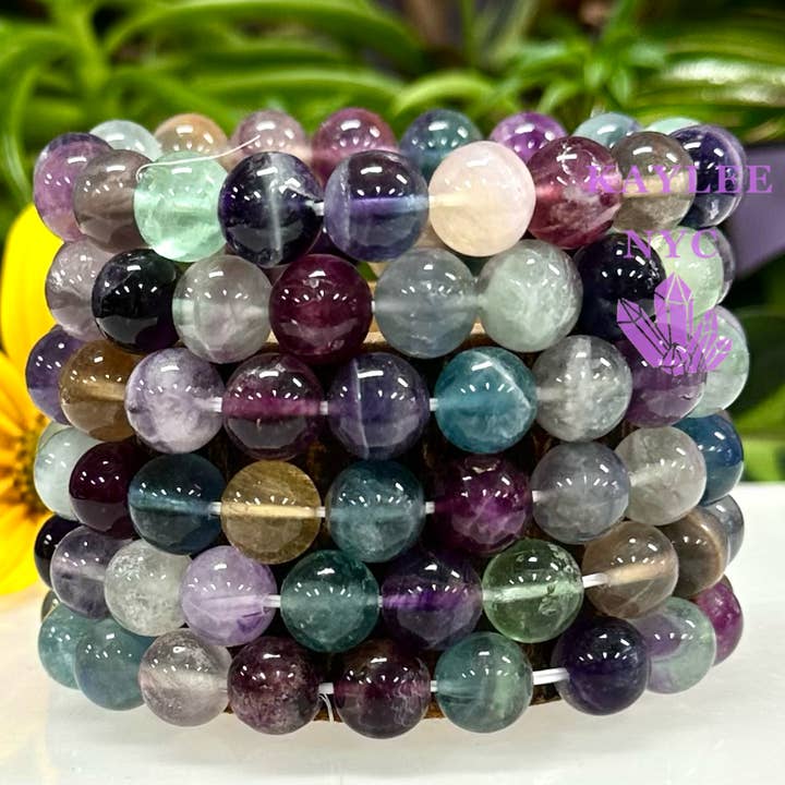 Bracelets élastiques de guérison en cristal de fluorite arc-en-ciel 10 mm 19 cm pour la vente par KayleeNYC