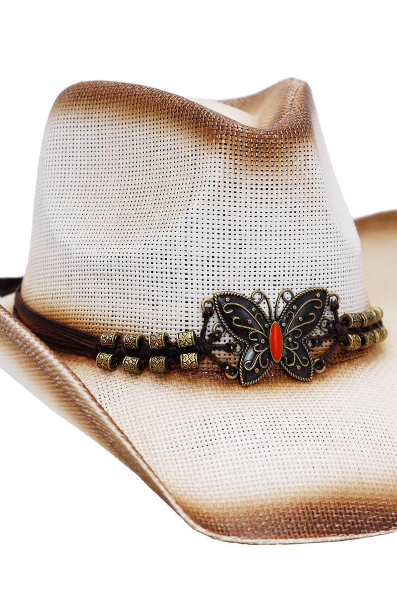 Cap Zone - Wholesale Cowboy Hat - Women's - Butterfly Emblem Waxed String Straw Cowboy Hat10