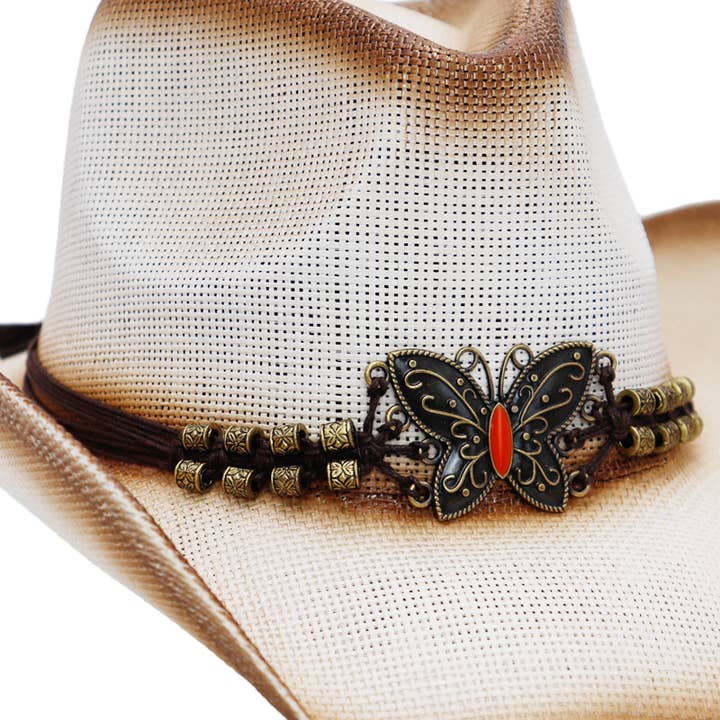 Cap Zone - Wholesale Cowboy Hat - Women's - Butterfly Emblem Waxed String Straw Cowboy Hat10