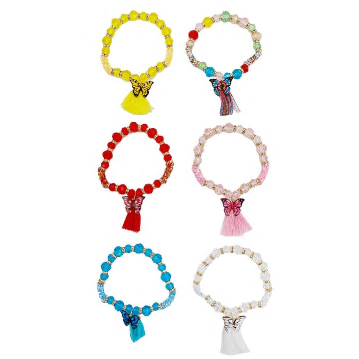 Cap Zone - Wholesale Beaded Bracelet - Butterfly Metal Plaque Colored Tassel Decor Beaded Stretch