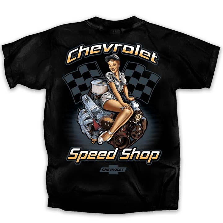 Chevy Speed Shop Pin Up T-Shirt for wholesale by Joe Blow T's