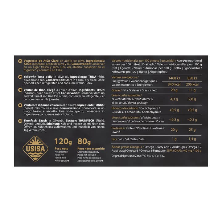 Unión Salazonera Isleña - Wholesale Tinned Fish - USISA - YELLOWFIN TUNA BELLY FILLETS IN OLIVE OIL 80G3