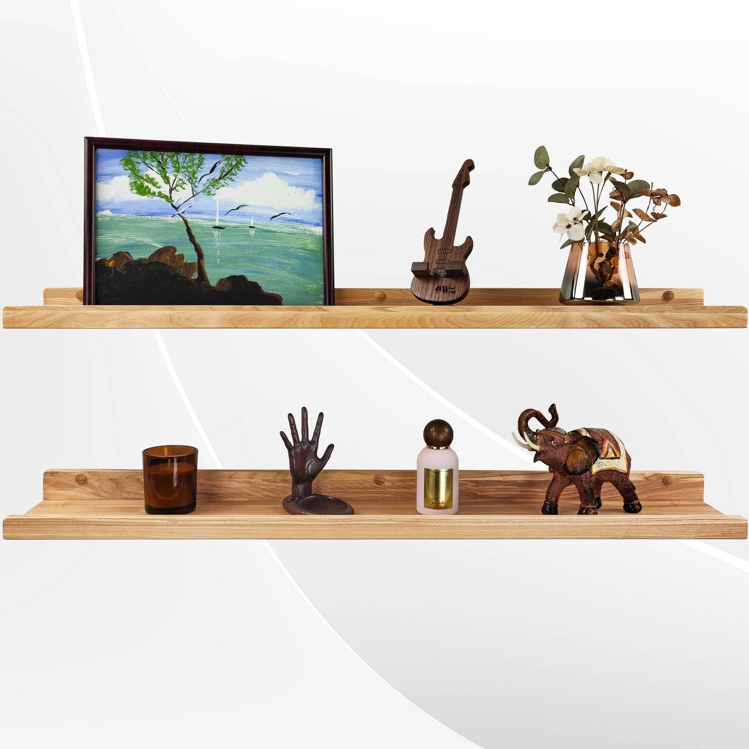 Wood Wedge - Vente Étagères murales - Étagères murales flottantes en frêne naturel avec rebord, lot de 2, 91 cm9
