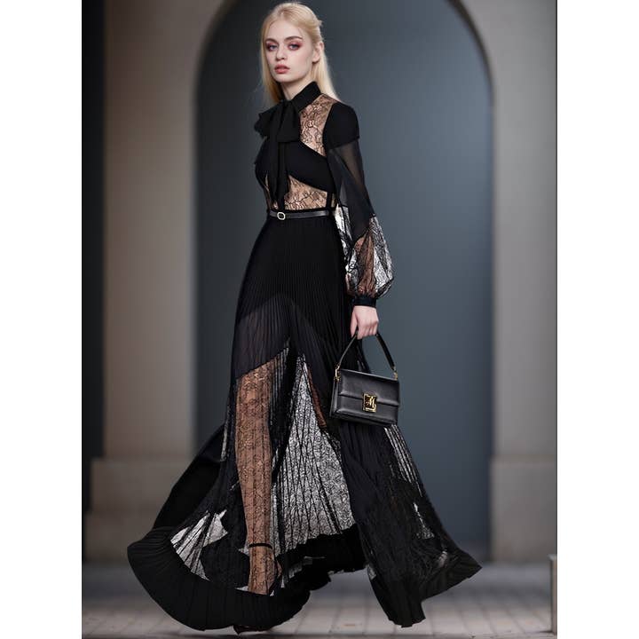 Robe longue plissée avec empiècements en dentelle pour printemps et été pour la vente par Productseeker