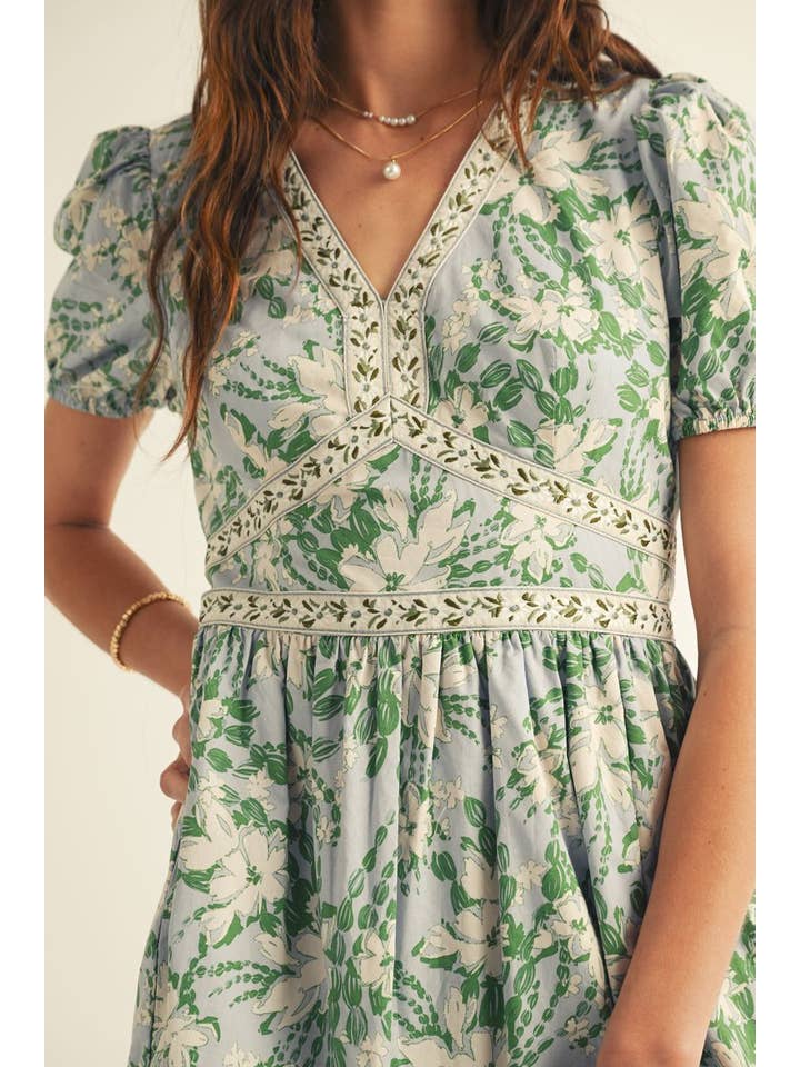 Blu Multi ABITO MIDI CON STAMPA FLOREALE, SCOLLO A V E BALZA SUL FONDO in vendita all'ingrosso su Faire2