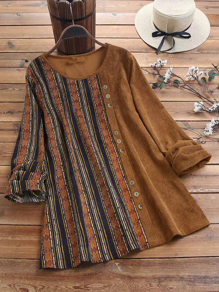BROWN Buttoned Patchwork Boho Top for wholesale on Faire0