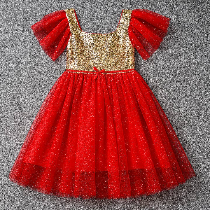 Fennco Styles - Wholesale Dress - Kids - Red Gold Sequin Girl Dress