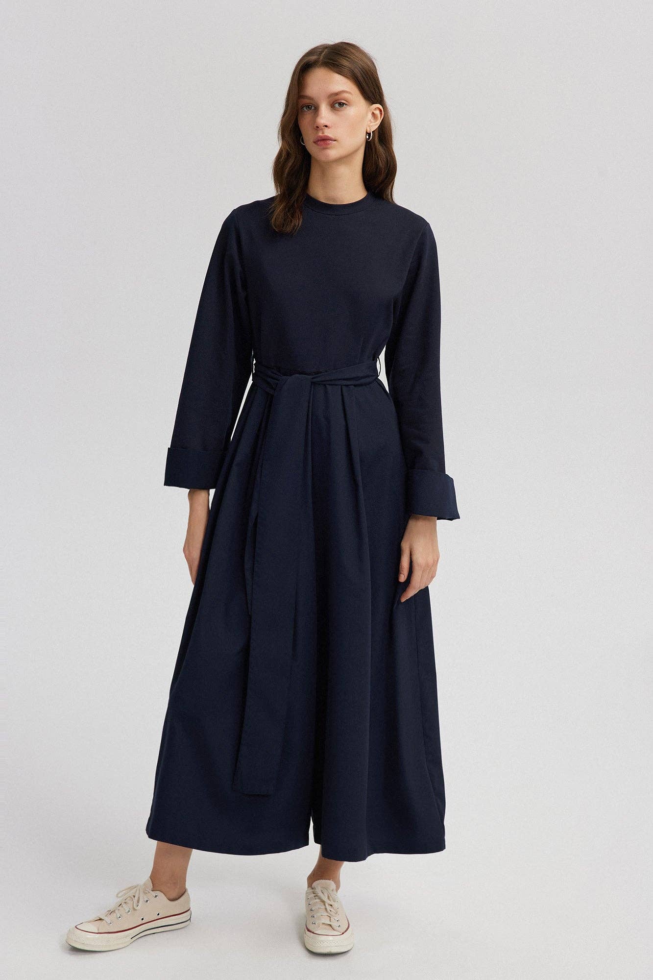 Marinblå Bältad Jumpsuit med Vida Ben – Bomullsblandning Långärmad för wholesale på Faire1