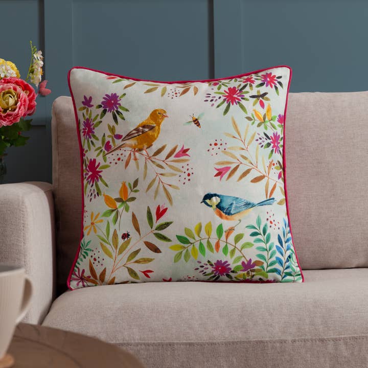 Daisy Hill Willow Birds Printed Cushion Multi/Pink for wholesale by Riva Home