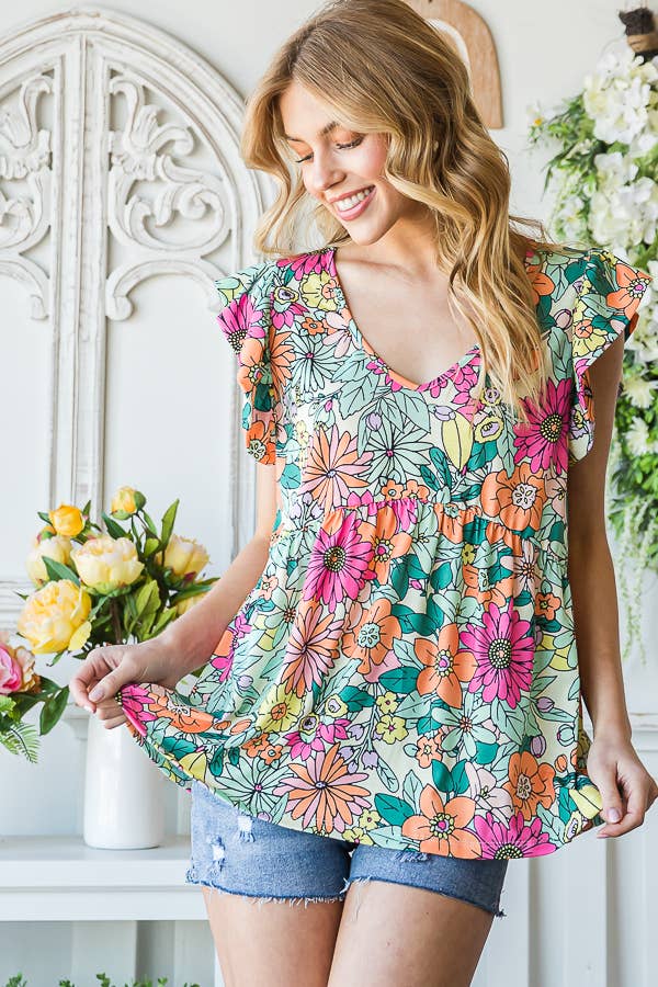 7th Ray - Vendita all'ingrosso Camicetta - Donna - Top a maniche svolazzanti con stampa floreale multicolore Baby Doll T51657