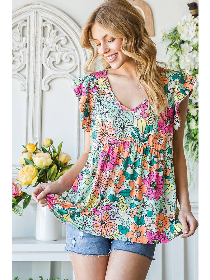 7th Ray - Vendita all'ingrosso Camicetta - Donna - Top a maniche svolazzanti con stampa floreale multicolore Baby Doll T51657