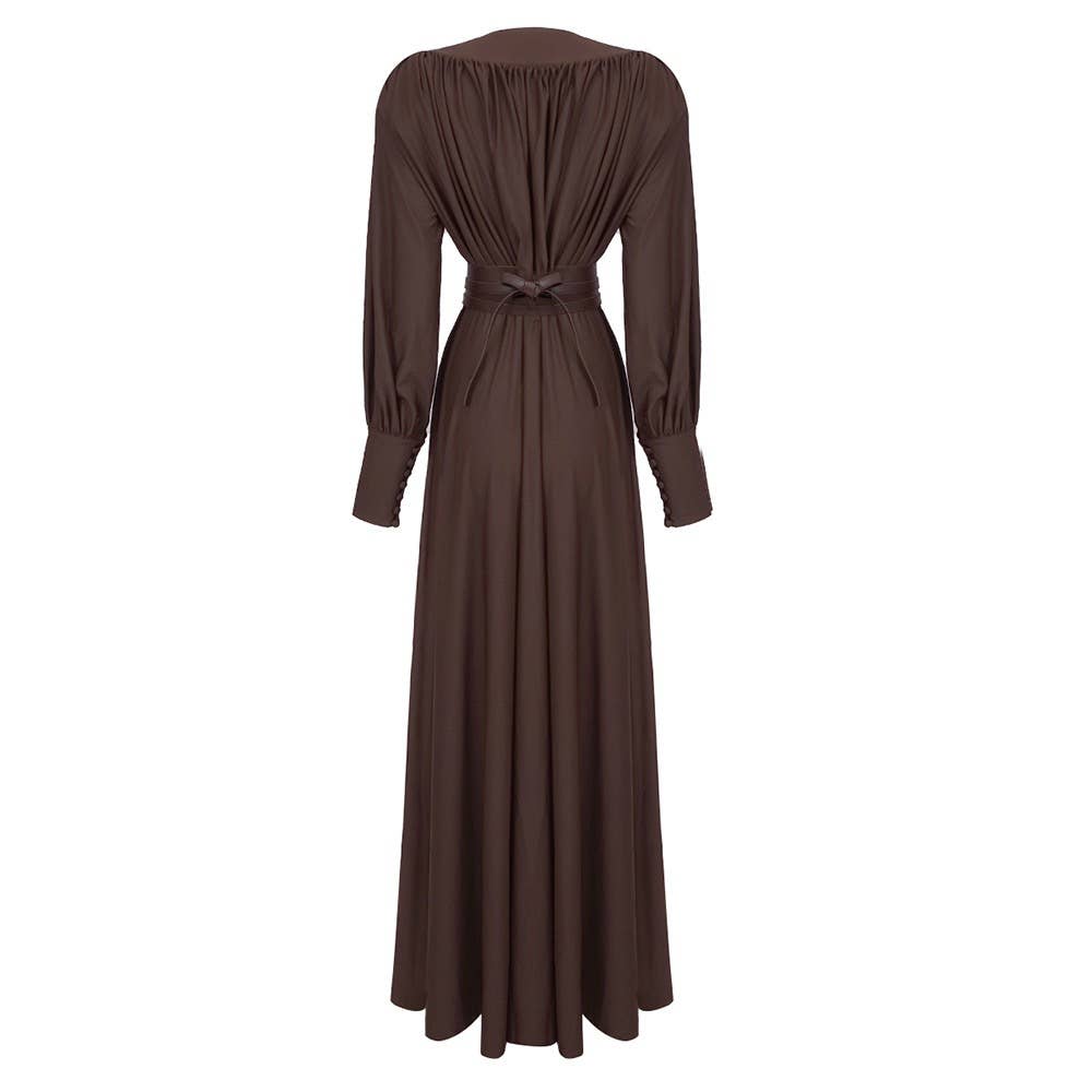 DR316 Elegant Chocolate Gathered Waist Maxi Dress for wholesale on Faire4