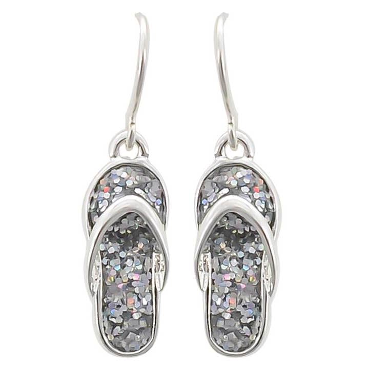 0011 PREMIERE - Wholesale Dangle Earrings - FR3185 Silver Glitter Flip Flop Sandal Dangle Earrings
