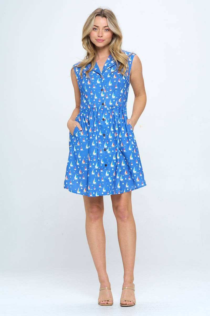 SM WARDROBE - Wholesale Dress - Women's - ALL OVER SAIL BOATS PRINT DRESS WITH POCKETS